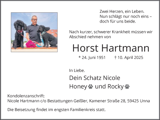 Traueranzeige von Horst Hartmann von Hellweger Anzeiger