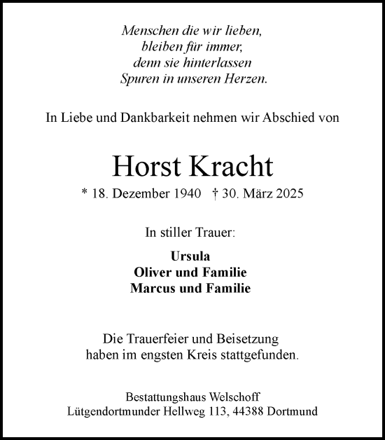 Traueranzeige von Horst Kracht von Ruhr Nachrichten