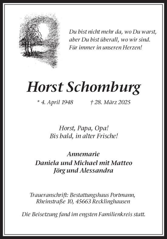 Traueranzeige von Horst Schomburg von Trauer Vest