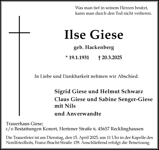 Traueranzeige von Ilse Giese von Trauer Vest