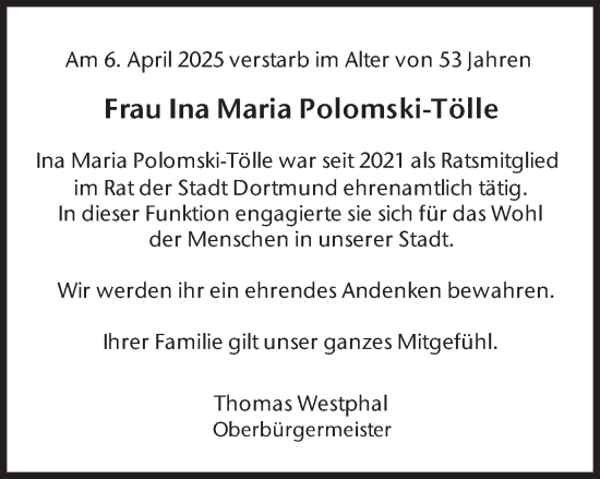 Traueranzeige von Ina Maria Polomski-Tölle