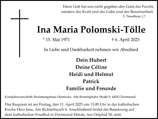 Traueranzeige von Ina Maria Polomski-Tölle von Ruhr Nachrichten