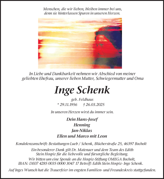 Traueranzeige von Inge Schenk 