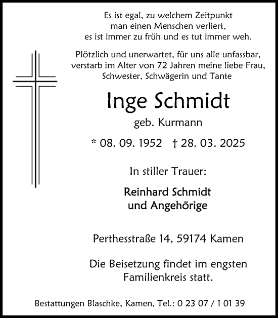 Traueranzeige von Inge Schmidt von Hellweger Anzeiger