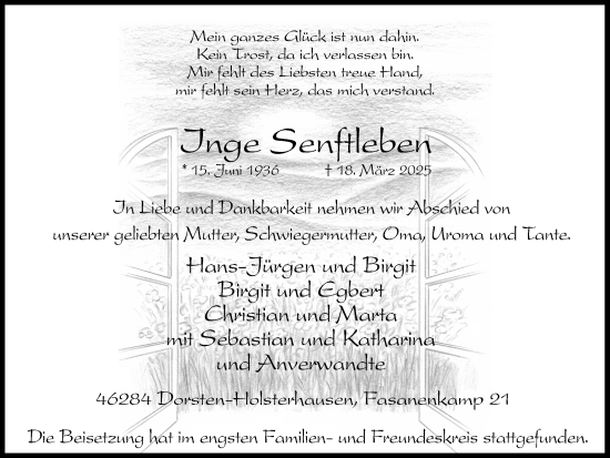 Traueranzeige von Inge Senftleben von Ruhr Nachrichten und Dorstener Zeitung