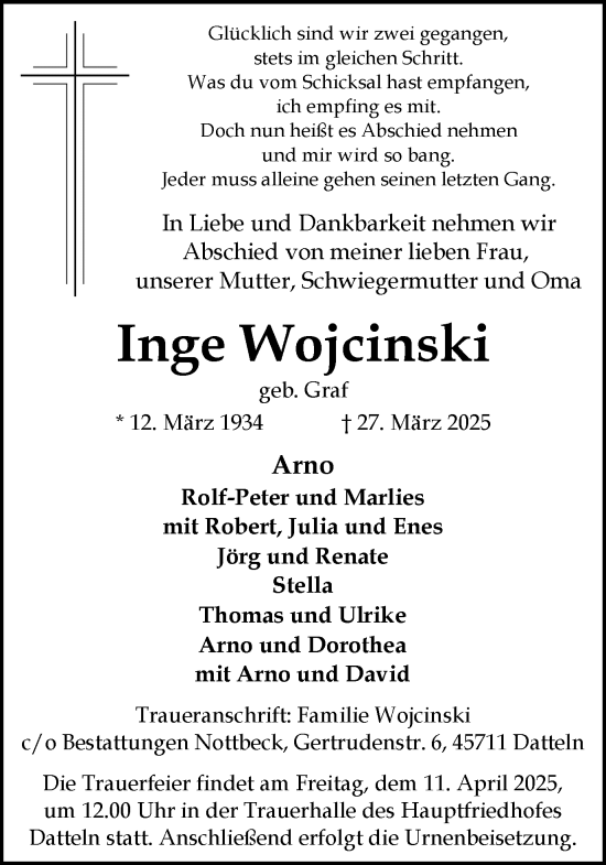 Traueranzeige von Inge Wojcinski von Trauer Vest