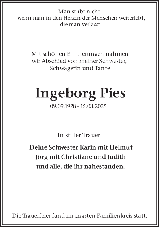 Traueranzeige von Ingeborg Pies von Ruhr Nachrichten