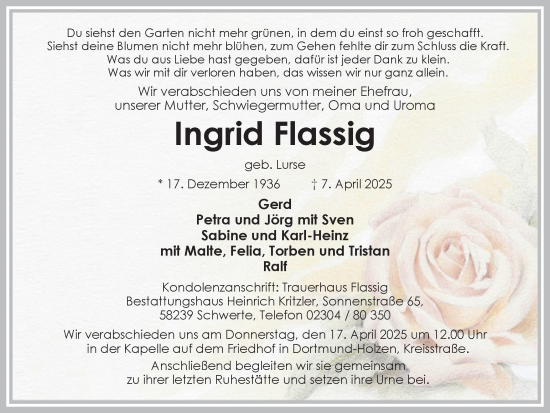 Traueranzeige von Ingrid Flassig