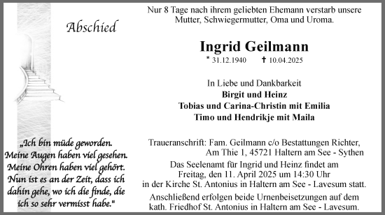 Traueranzeige von Ingrid Geilmann von Ruhr Nachrichten und Halterner Zeitung