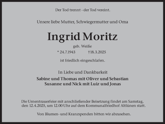 Traueranzeige von Ingrid Moritz von Ruhr Nachrichten