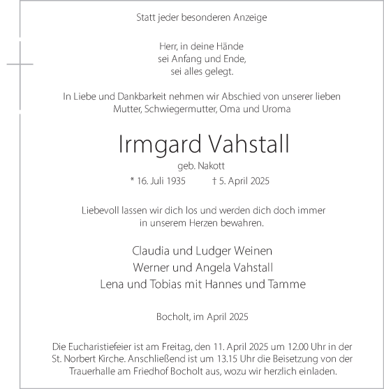 Traueranzeige von Irmgard Vahstall 