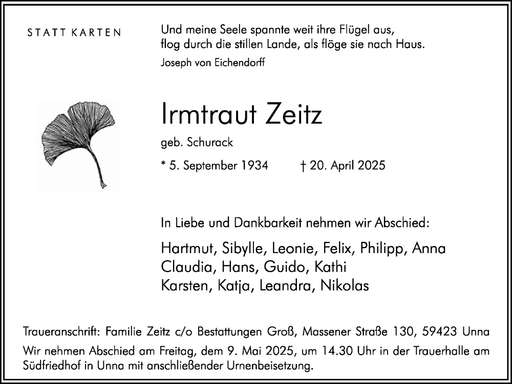  Traueranzeige für Irmtraut Zeitz vom 26.04.2025 aus Hellweger Anzeiger