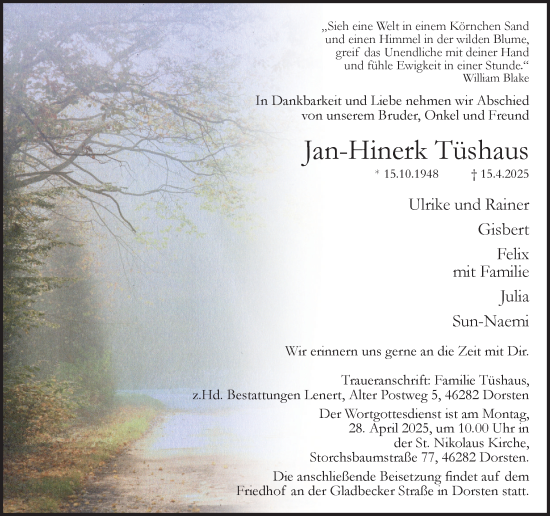 Traueranzeige von Jan-Hinerk Tüshaus von Ruhr Nachrichten und Dorstener Zeitung