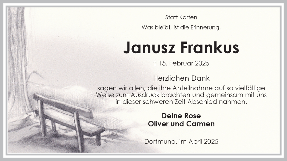  Traueranzeige für Janusz Frankus vom 05.04.2025 aus Ruhr Nachrichten