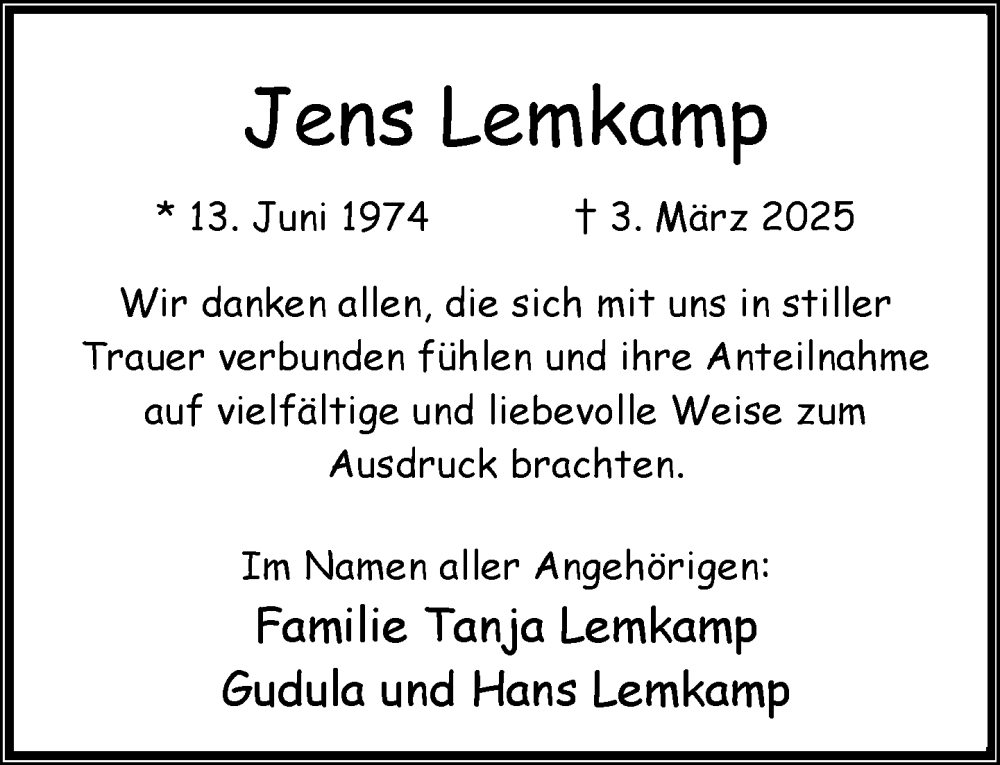  Traueranzeige für Jens Lemkamp vom 02.04.2025 aus 