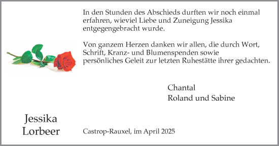 Traueranzeige von Jessika Lorbeer von Stadtanzeiger Castrop-Rauxel