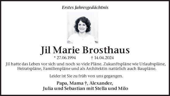 Traueranzeige von Jil Marie Brosthaus von Ruhr Nachrichten und Dorstener Zeitung