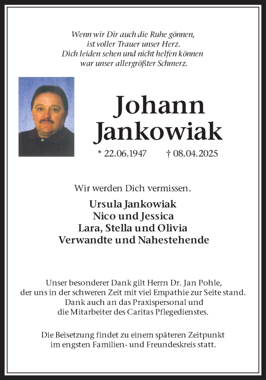 Traueranzeige von Johann Jankowiak von Trauer Vest