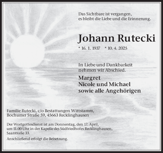 Traueranzeige von Johann Rutecki von Trauer Vest