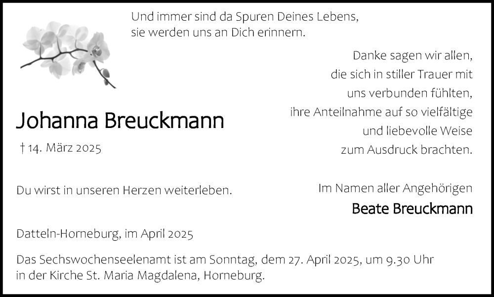  Traueranzeige für Johanna Breuckmann vom 22.04.2025 aus Trauer Vest