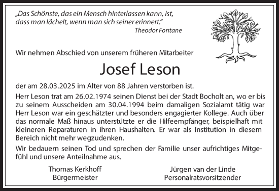 Traueranzeige von Josef Leson 