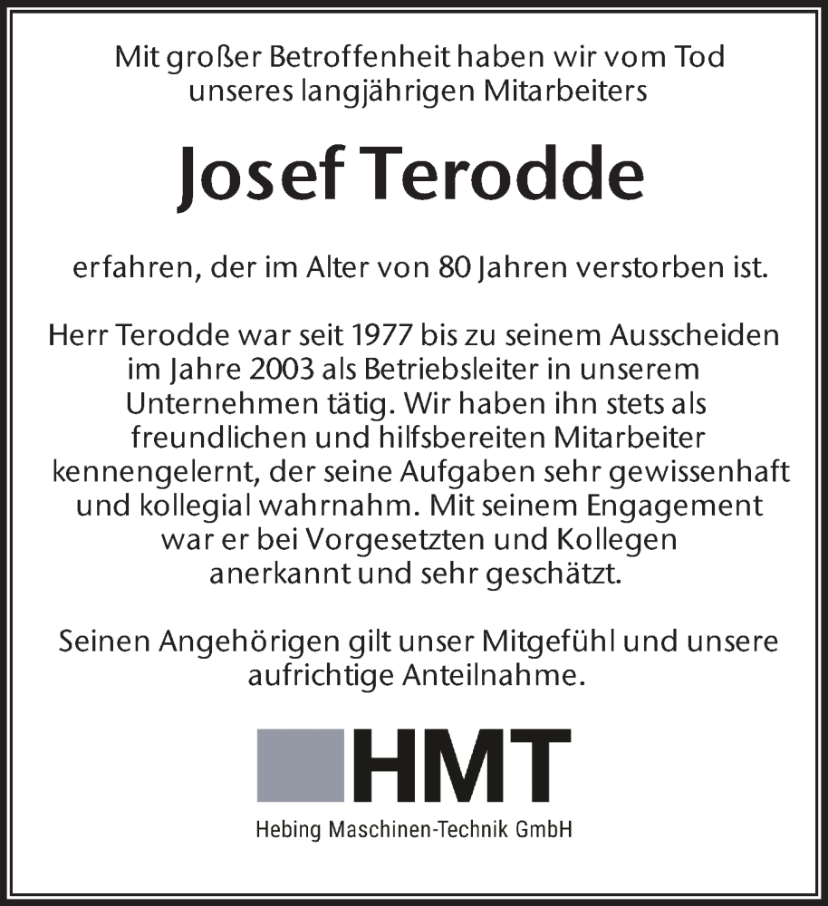  Traueranzeige für Josef Terodde vom 05.04.2025 aus 