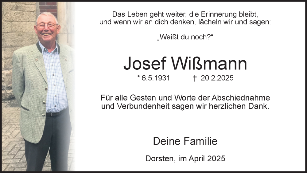  Traueranzeige für Josef Wißmann vom 12.04.2025 aus Ruhr Nachrichten und Dorstener Zeitung