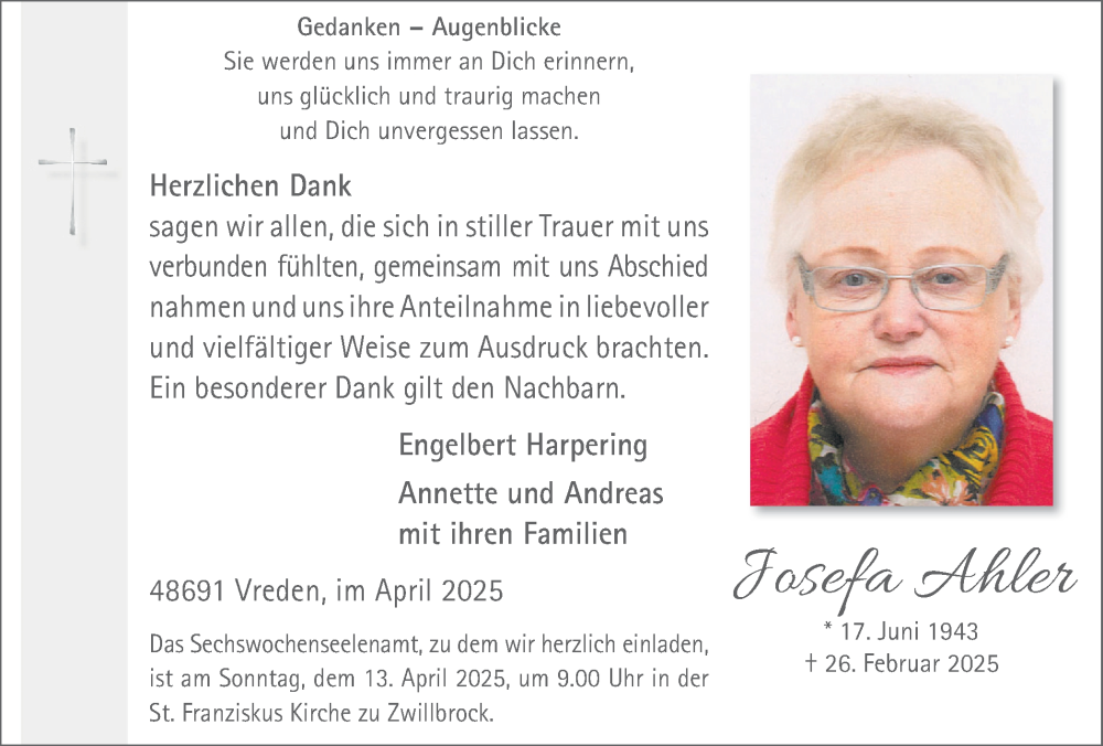  Traueranzeige für Josefa Ahler vom 09.04.2025 aus Münsterland Zeitung