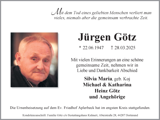 Traueranzeige von Jürgen Götz von Ruhr Nachrichten