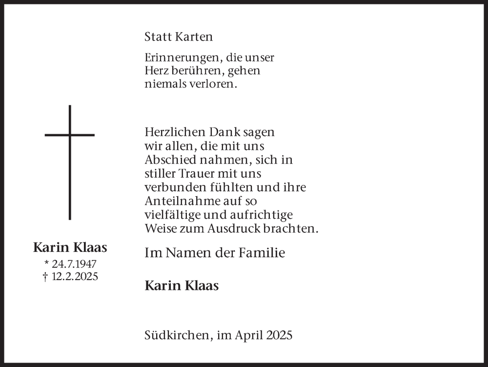  Traueranzeige für Karin Klaas vom 12.04.2025 aus Ruhr Nachrichten