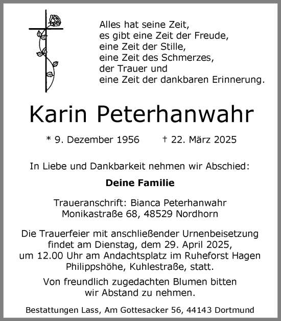 Traueranzeige von Karin Peterhanwahr von Ruhr Nachrichten