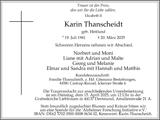 Traueranzeige von Karin Thanscheidt von Ruhr Nachrichten