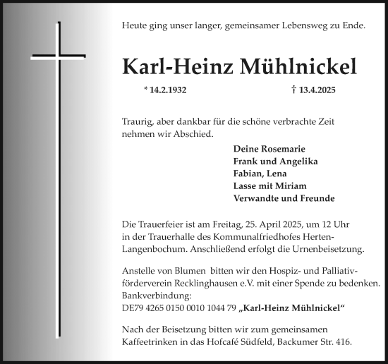 Traueranzeige von Karl-Heinz Mühlnickel von Trauer Vest