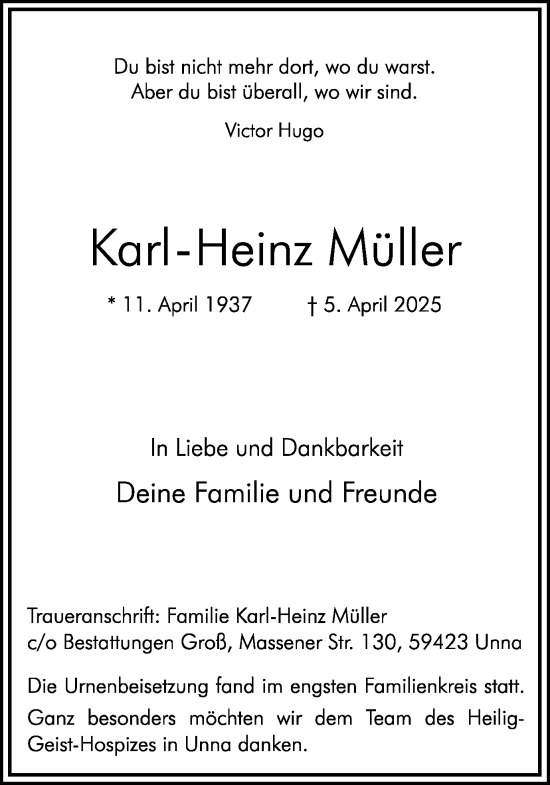 Traueranzeige von Karl-Heinz Müller von Hellweger Anzeiger