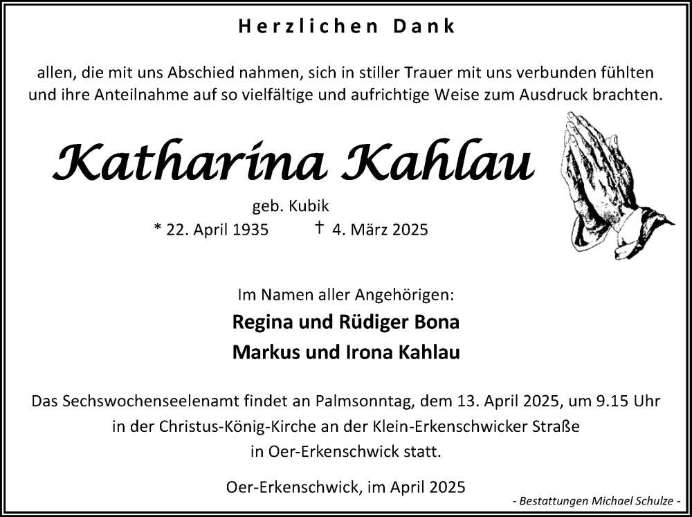  Traueranzeige für Katharina Kahlau vom 05.04.2025 aus Trauer Vest