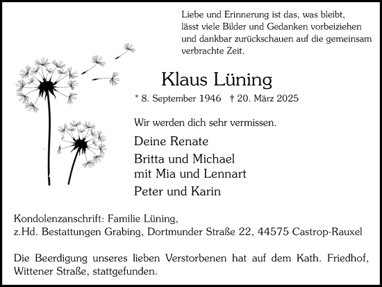 Traueranzeige von Klaus Lüning von Stadtanzeiger Castrop-Rauxel