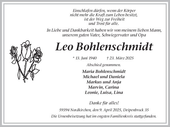 Traueranzeige von Leo Bohlenschmidt von Ruhr Nachrichten