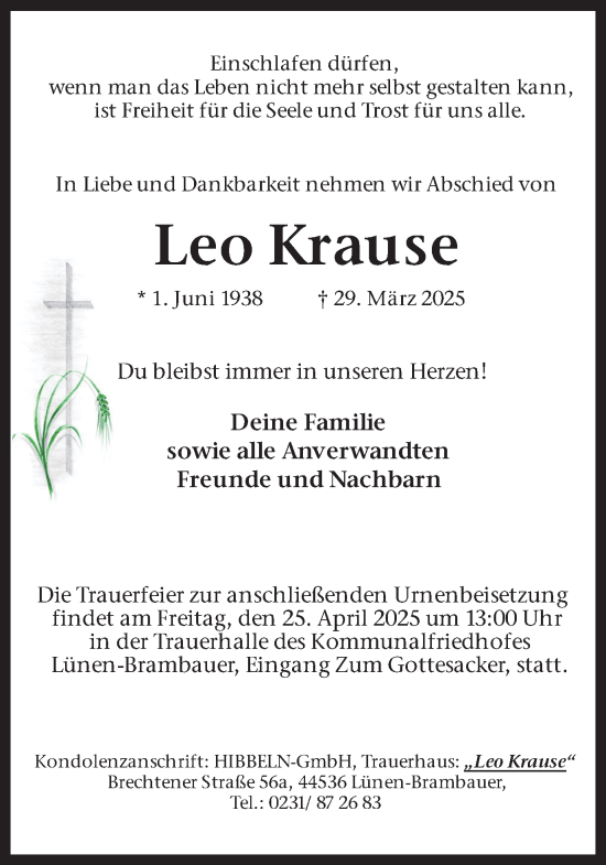 Traueranzeige von Leo Krause von Ruhr Nachrichten
