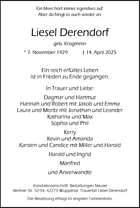 Traueranzeige von Liesel Derendorf von Ruhr Nachrichten