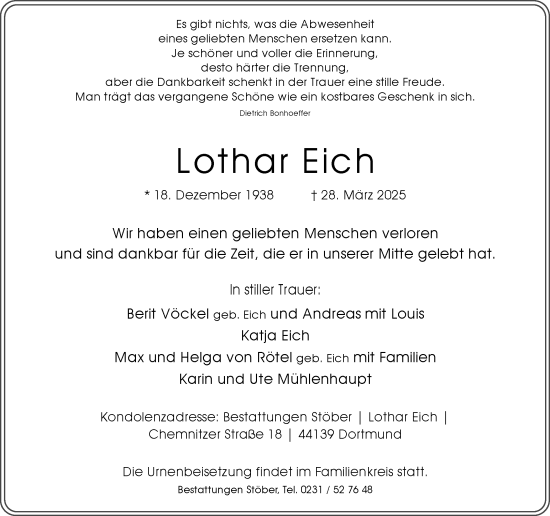 Traueranzeige von Lothar Eich von Ruhr Nachrichten