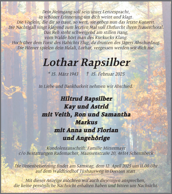 Traueranzeige von Lothar Rapsilber von Ruhr Nachrichten und Dorstener Zeitung
