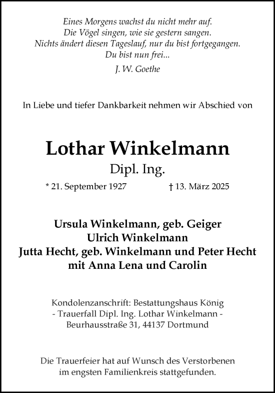 Traueranzeige von Lothar Winkelmann von Ruhr Nachrichten