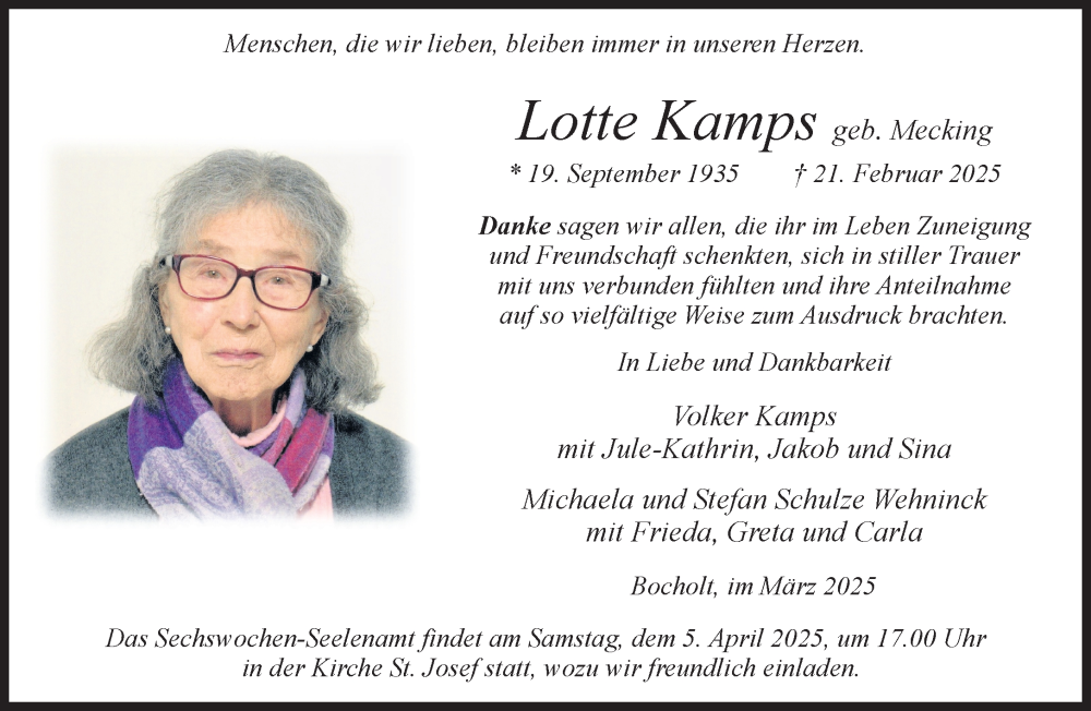  Traueranzeige für Lotte Kamps vom 02.04.2025 aus 