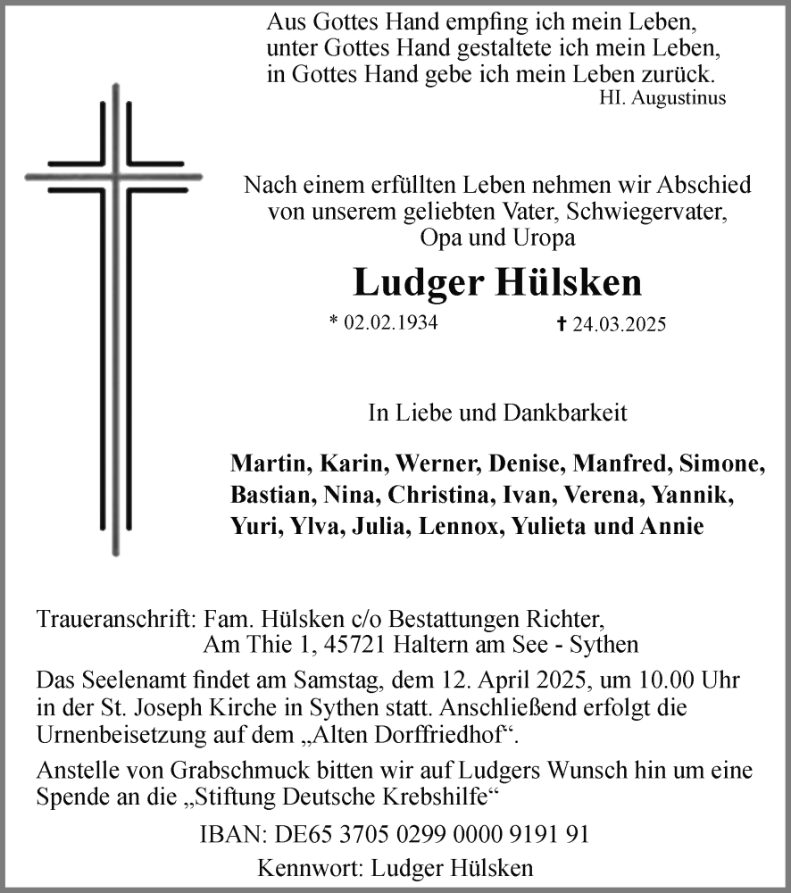  Traueranzeige für Ludger Hülsken vom 10.04.2025 aus Ruhr Nachrichten und Halterner Zeitung