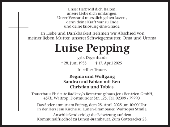 Traueranzeige von Luise Pepping von Ruhr Nachrichten