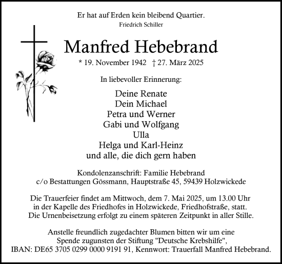 Traueranzeige von Manfred Hebebrand von Hellweger Anzeiger