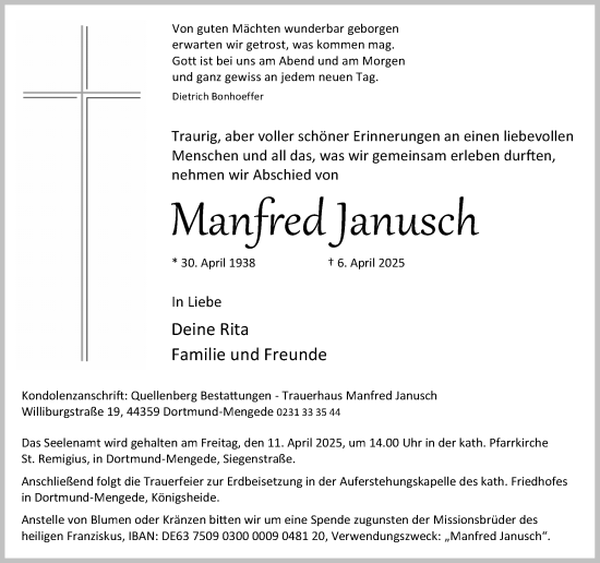 Traueranzeige von Manfred Janusch von Ruhr Nachrichten