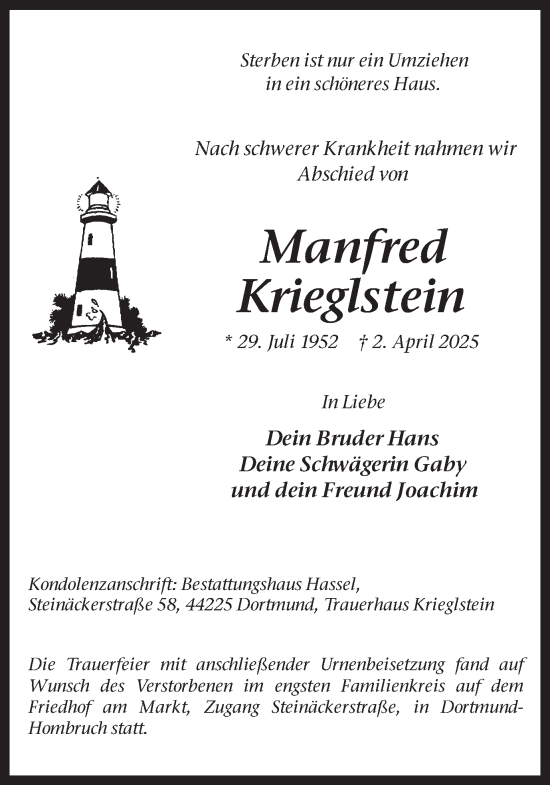 Traueranzeige von Manfred Krieglstein von Ruhr Nachrichten