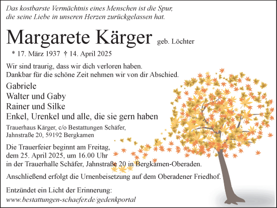 Traueranzeige von Margarete Kärger von Hellweger Anzeiger