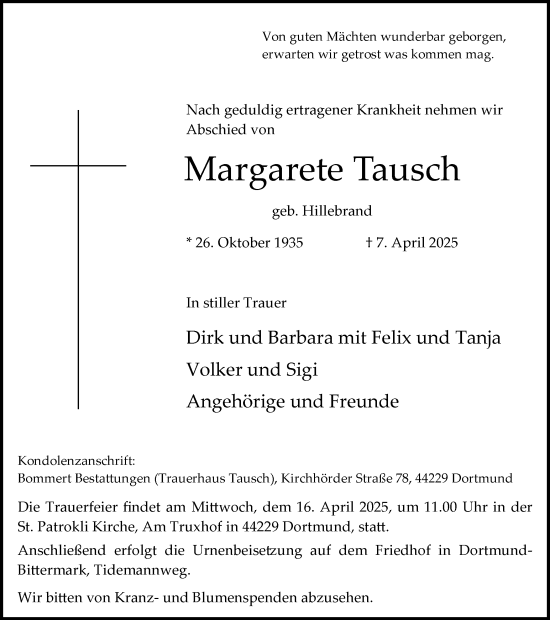 Traueranzeige von Margarete Tausch